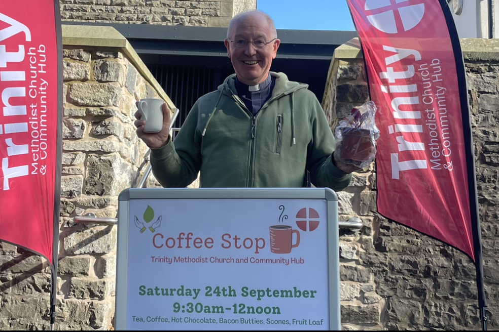 Rev Ian outside the Eco Coffee Stop